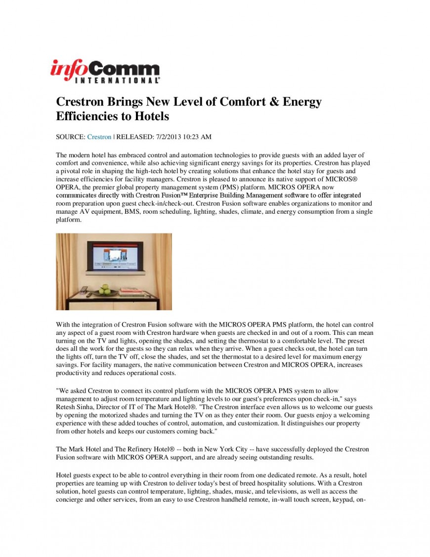 Crestron Brings New Level of Comfort & Energy Efficiencies to Hotels